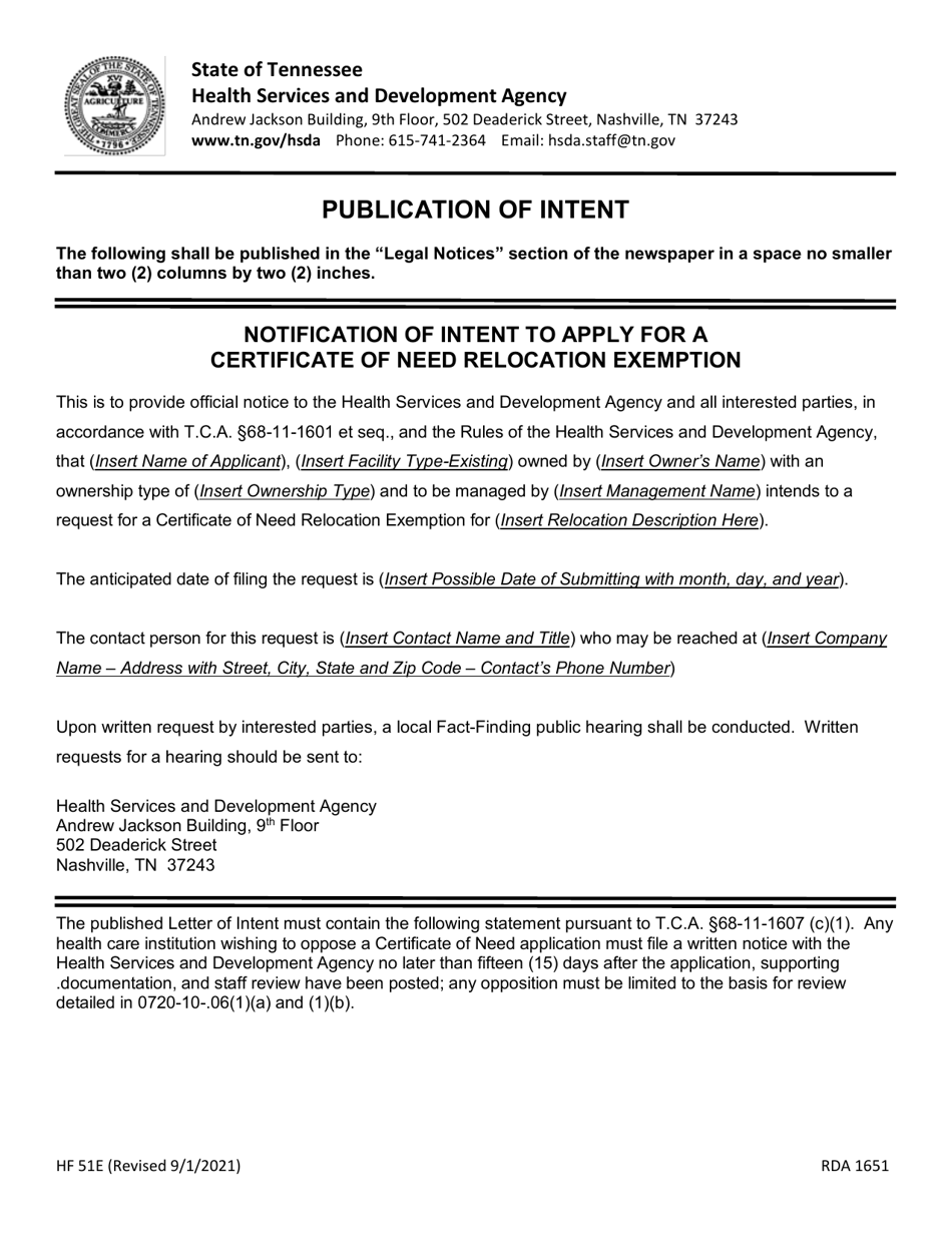 Form HF51E Letter of Intent / Publication of Intent to File a Certificate of Need Application - Tennessee, Page 4