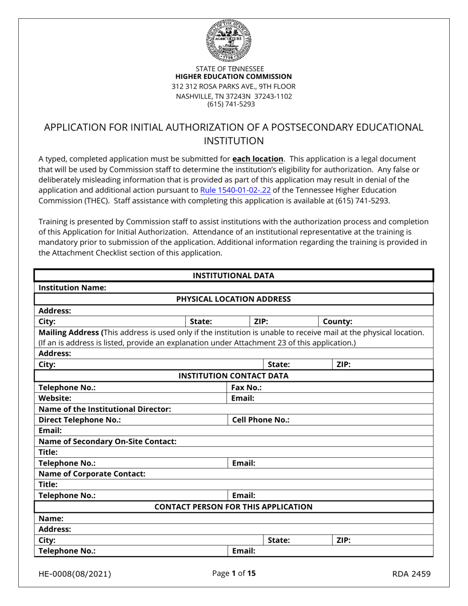 Form HE0008 Download Fillable PDF or Fill Online Application for Initial Authorization of a