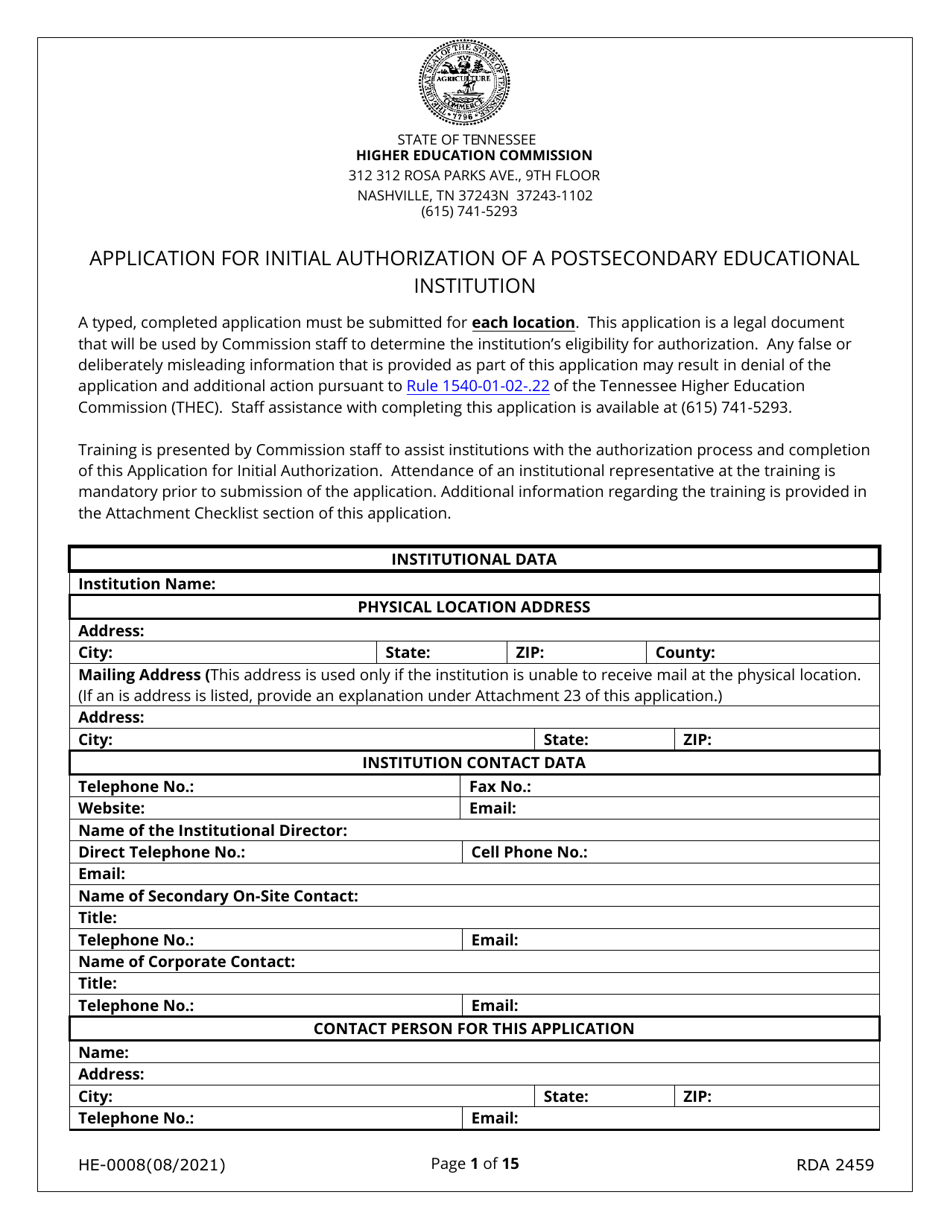 Form HE-0008 Application for Initial Authorization of a Postsecondary Educational Institution - Tennessee, Page 1