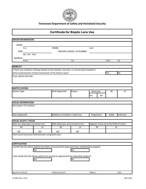 Form SF-0991 Certificate for Bioptic Lens Use - Tennessee