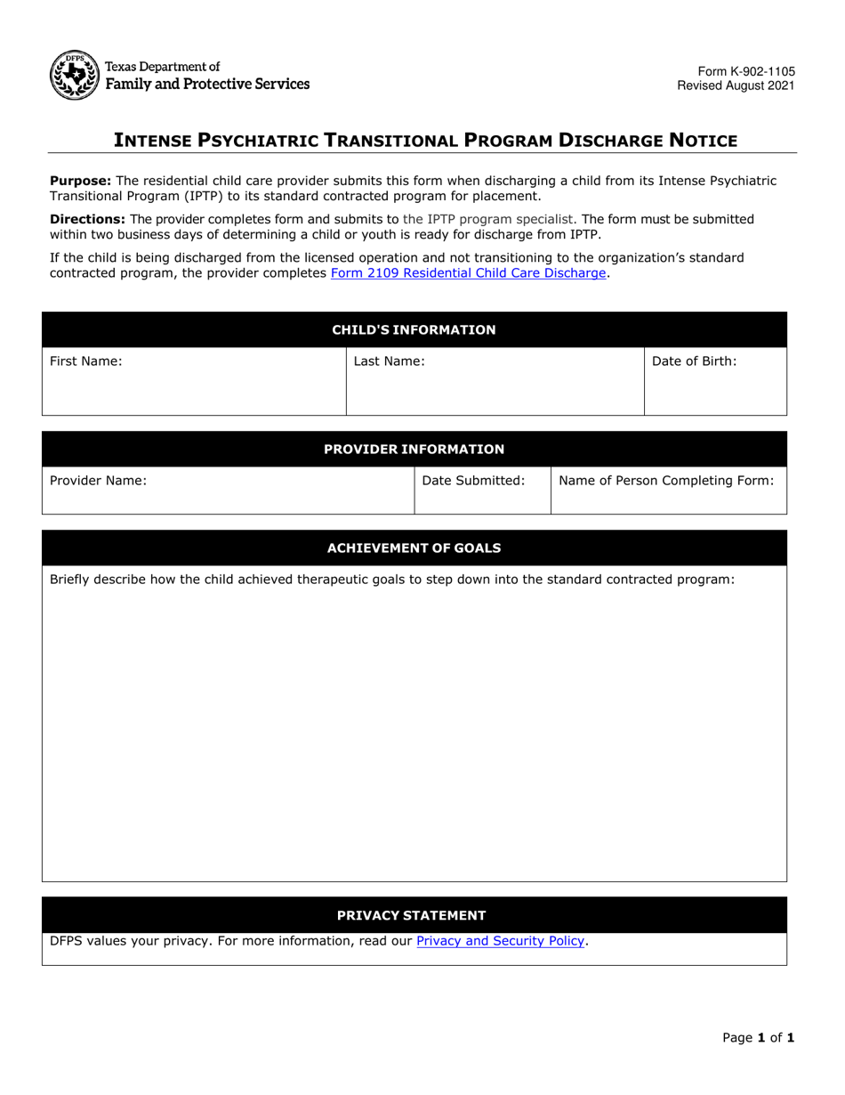 Form K-902-1105 Intense Psychiatric Transitional Program Discharge Notice - Texas, Page 1