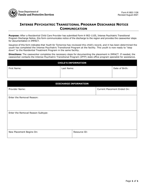 Form K-902-1106 Intense Psychiatric Transitional Program Discharge Notice Communication - Texas
