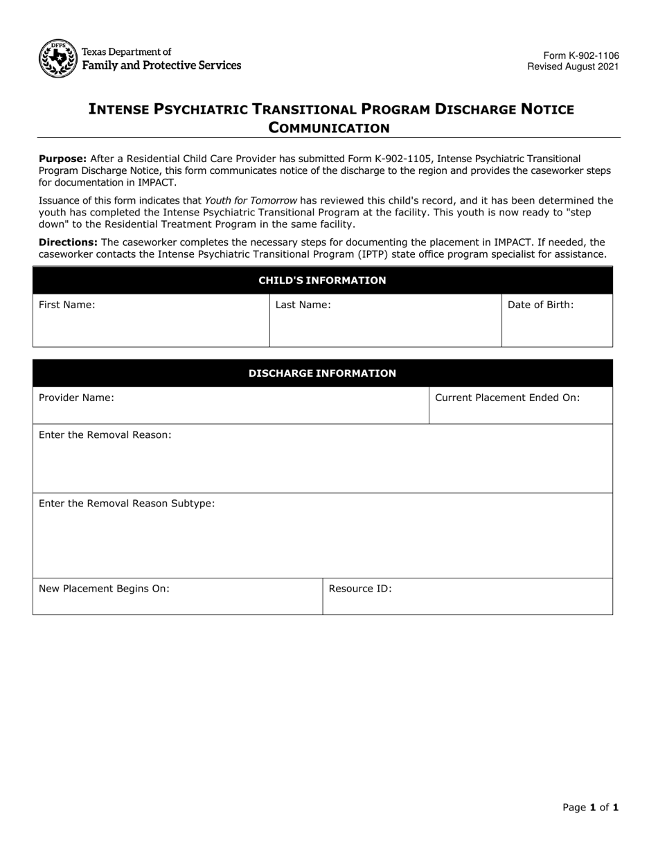 Form K-902-1106 Intense Psychiatric Transitional Program Discharge Notice Communication - Texas, Page 1
