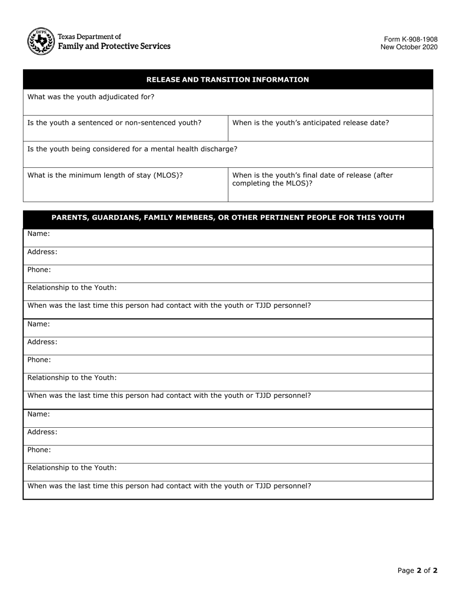 Form K-908-1908 Tjjd Request for Dfps Assistance for a Youth in Tjjd Custody With Pending Release - Texas, Page 2