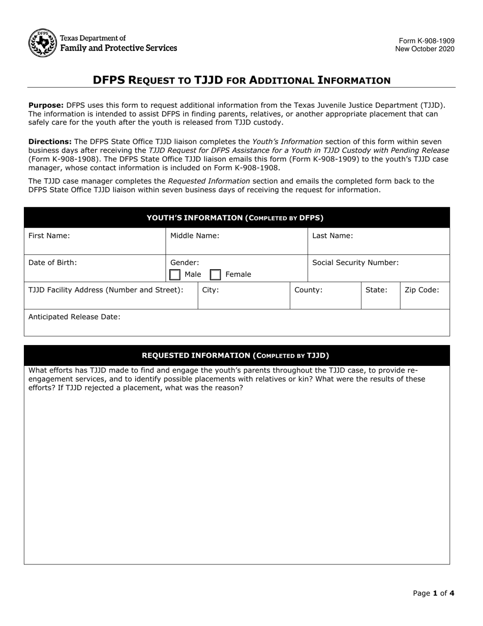 Form K-908-1909 Dfps Request to Tjjd for Additional Information - Texas, Page 1