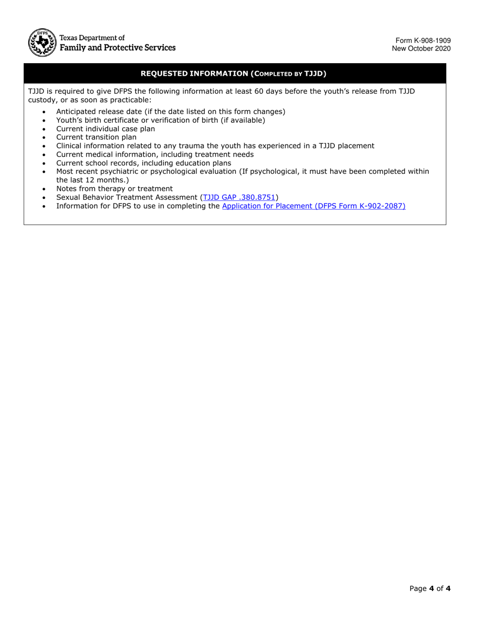 Form K-908-1909 Dfps Request to Tjjd for Additional Information - Texas, Page 4