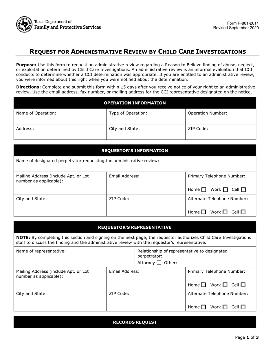Form P-801-2011 Request for Administrative Review by Child Care Investigations - Texas, Page 1