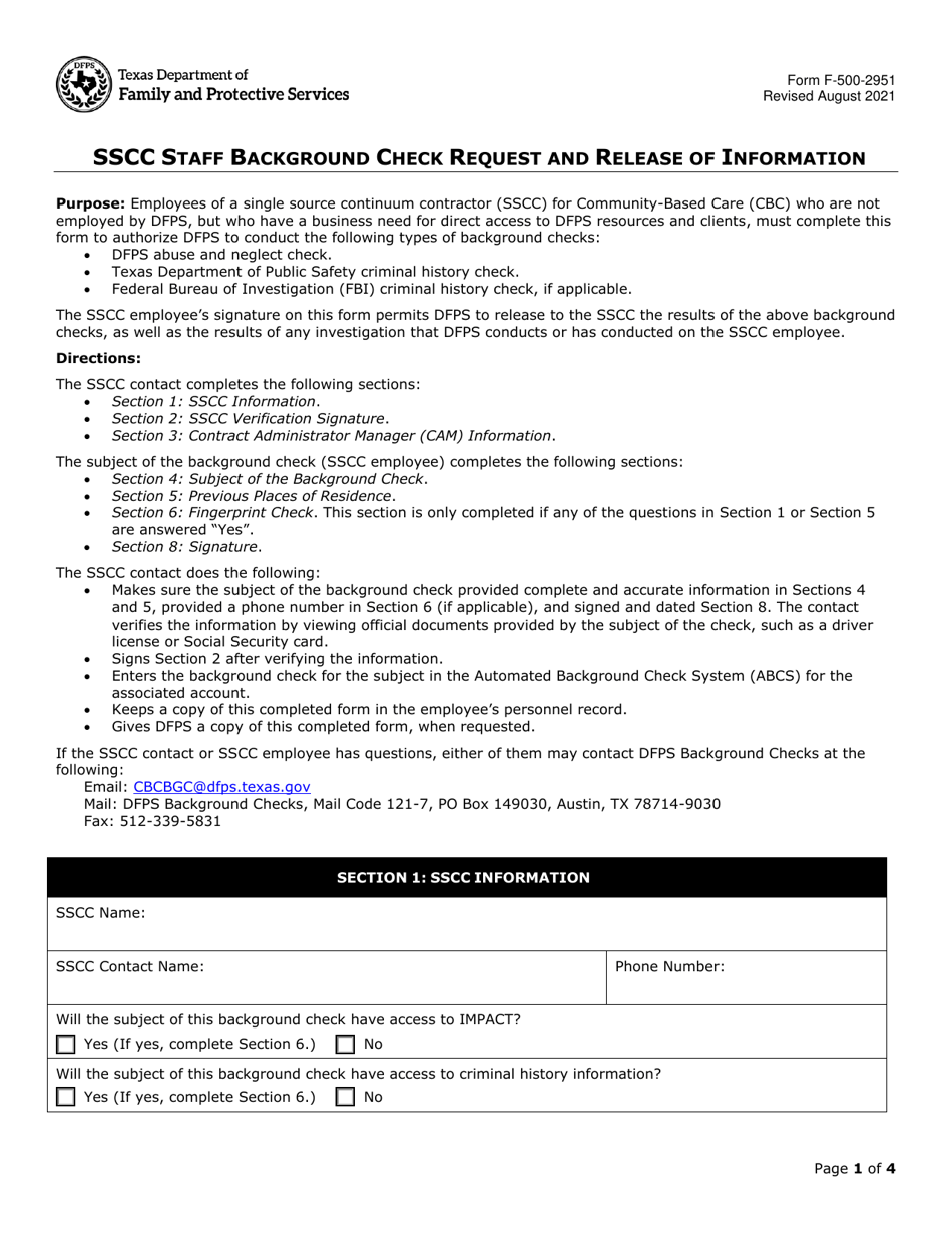 Form F-500-2951 Download Fillable PDF or Fill Online Sscc Staff Background  Check Request and Release of Information Texas | Templateroller