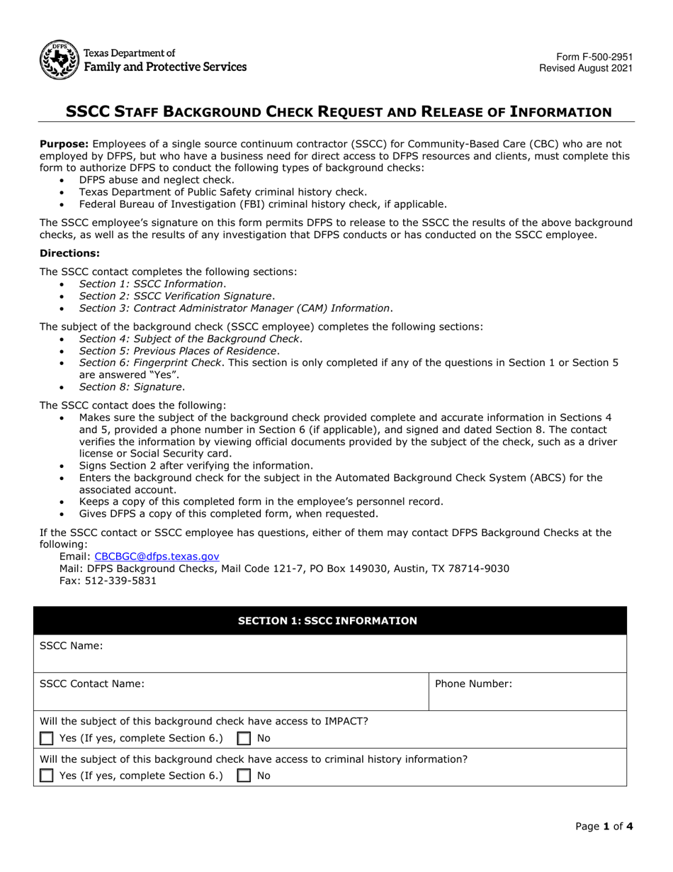 Form F-500-2951 Sscc Staff Background Check Request and Release of Information - Texas, Page 1