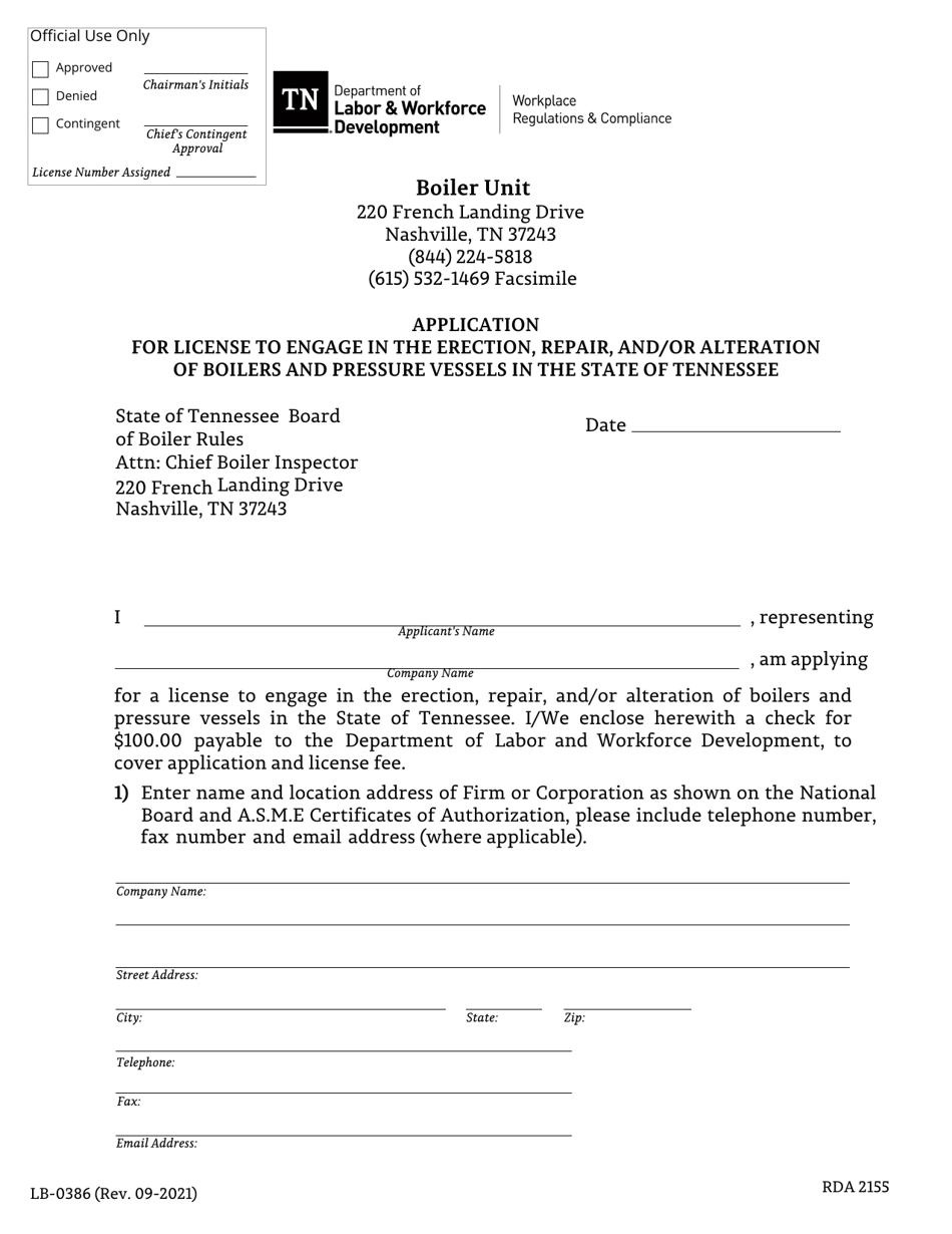 Form LB-0386 Application for License to Engage in the Erection, Repair, and/or Alteration of Boilers and Pressure Vessels in the State of Tennessee - Tennessee, Page 1
