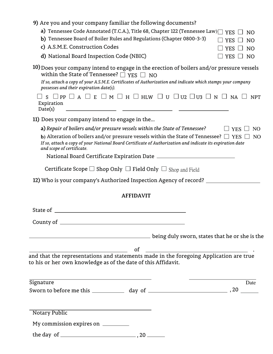 Form LB-0386 Application for License to Engage in the Erection, Repair, and / or Alteration of Boilers and Pressure Vessels in the State of Tennessee - Tennessee, Page 3