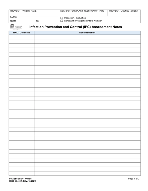 DSHS Form 00-412A Infection Prevention and Control (Ipc) Assessment Notes - Washington