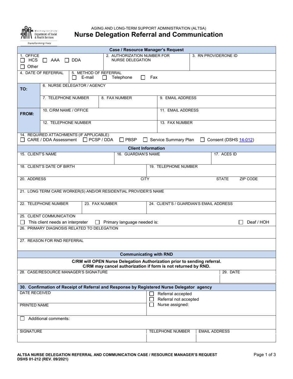 DSHS Form 01-212 Nurse Delegation Referral and Communication - Washington, Page 1