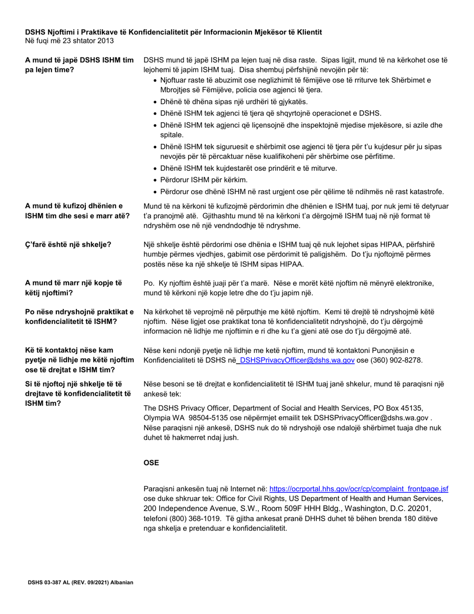 DSHS Form 03-387 Dshs Notice of Privacy Practices for Client Medical Information - Washington (Albanian), Page 2
