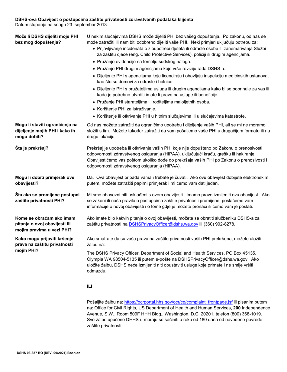 DSHS Form 03-387 Dshs Notice of Privacy Practices for Client Medical Information - Washington (Bosnian), Page 2