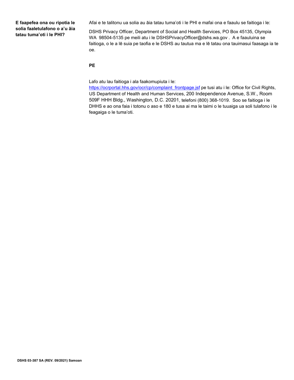 DSHS Form 03-387 Dshs Notice of Privacy Practices for Client Medical Information - Washington (Samoan), Page 3