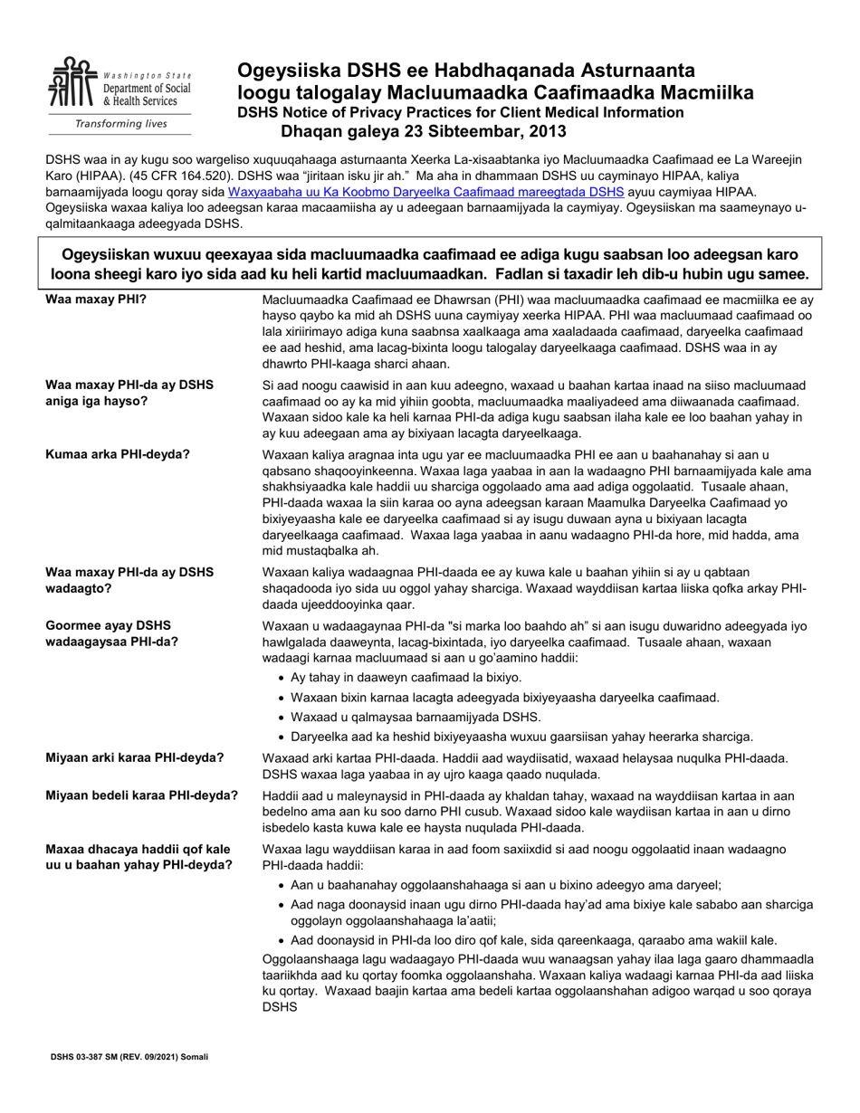 DSHS Form 03-387 Dshs Notice of Privacy Practices for Client Medical Information - Washington (Somali), Page 1
