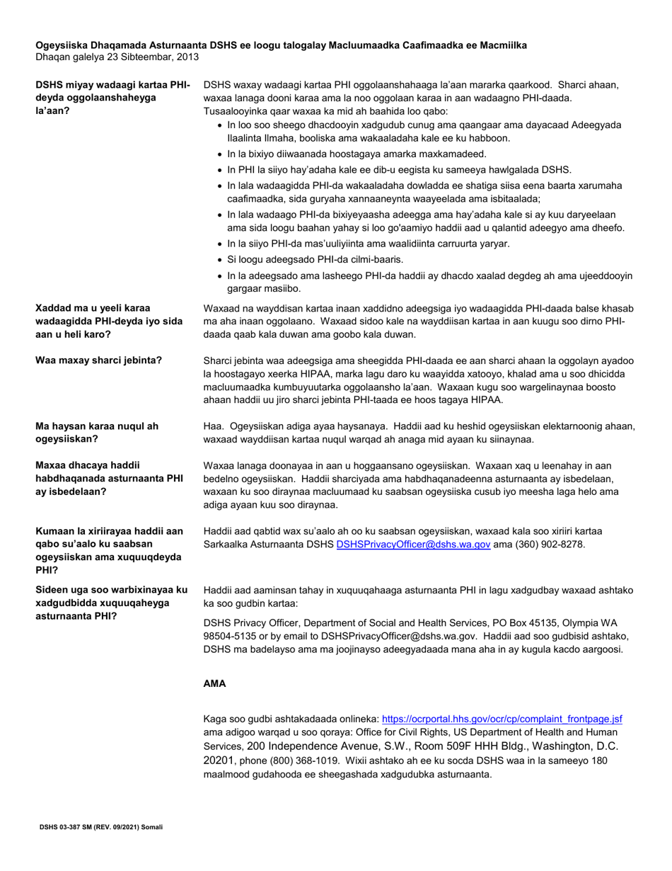 DSHS Form 03-387 Dshs Notice of Privacy Practices for Client Medical Information - Washington (Somali), Page 2