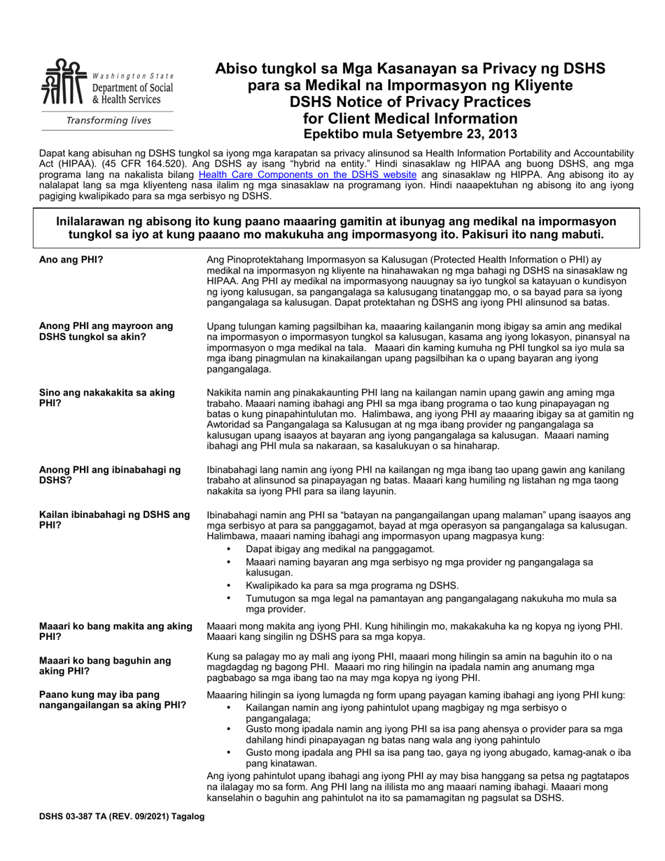 DSHS Form 03-387 Download Printable PDF or Fill Online Dshs Notice of ...