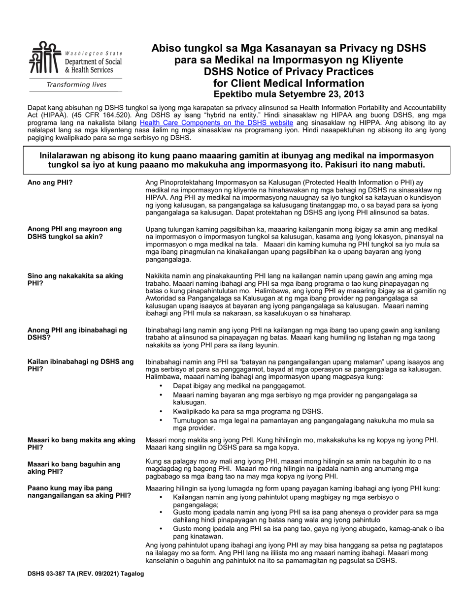 DSHS Form 03-387 Dshs Notice of Privacy Practices for Client Medical Information - Washington (Tagalog), Page 1