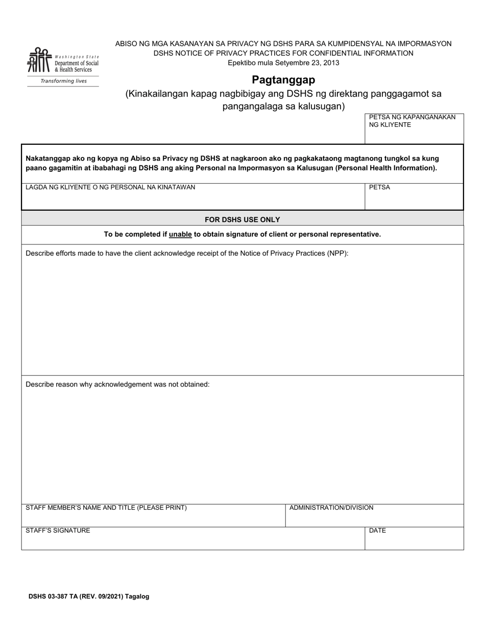 DSHS Form 03-387 Dshs Notice of Privacy Practices for Client Medical Information - Washington (Tagalog), Page 3