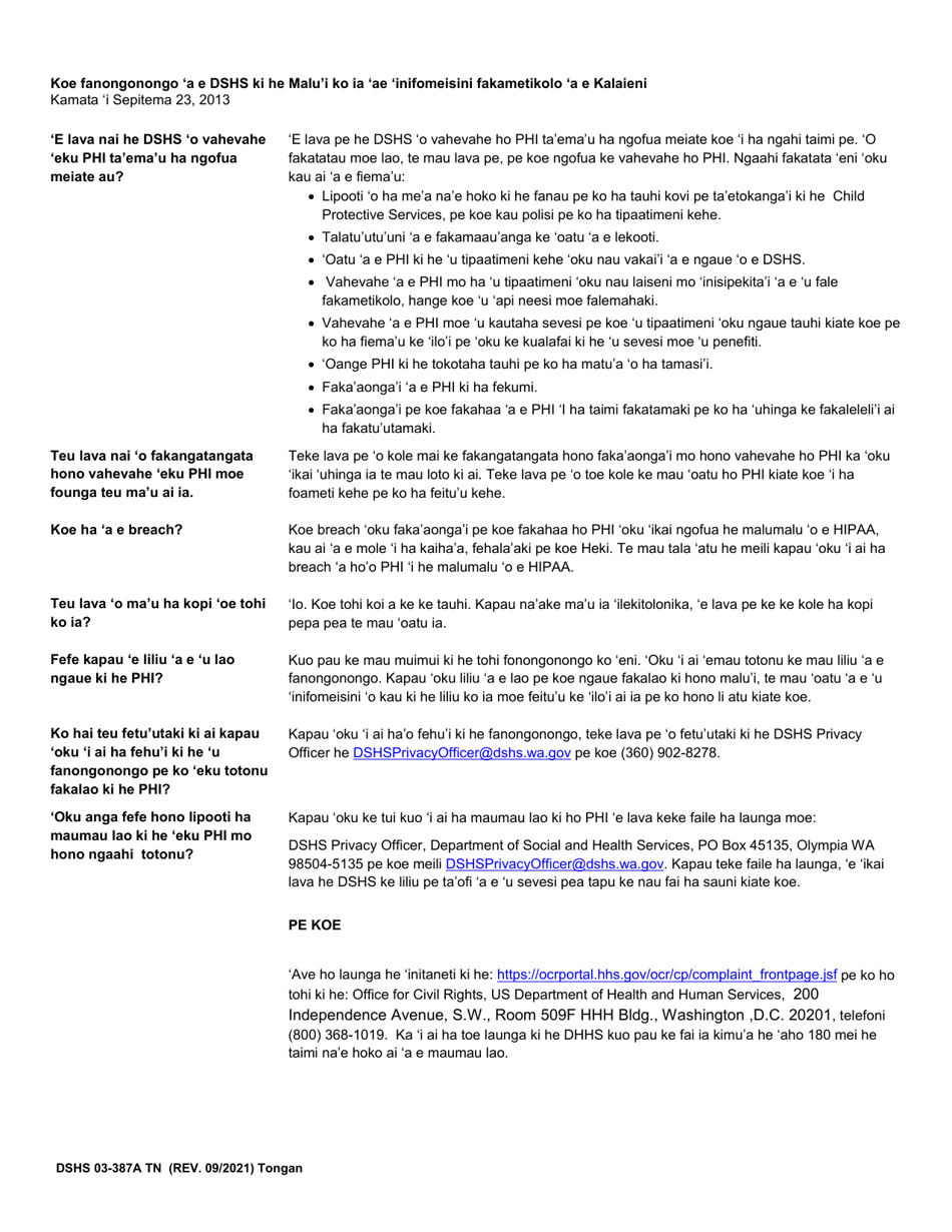 DSHS Form 03-387A Dshs Notice of Privacy Practices for Client Medical Information Without Acknowledgement - Washington (Tongan), Page 2