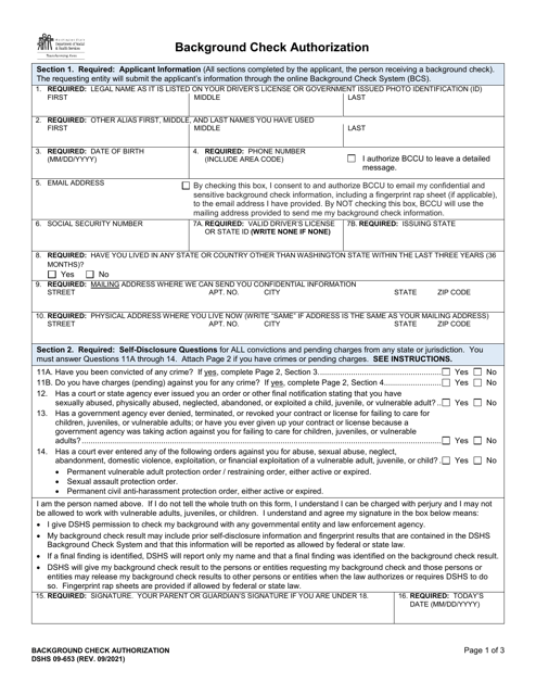 DSHS Form 09-653 Background Check Authorization - Washington