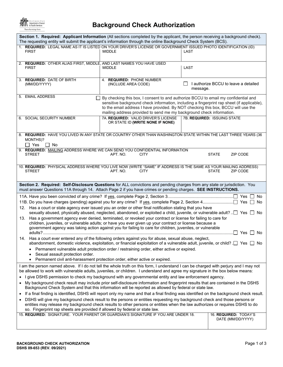 DSHS Form 09-653 Background Check Authorization - Washington, Page 1