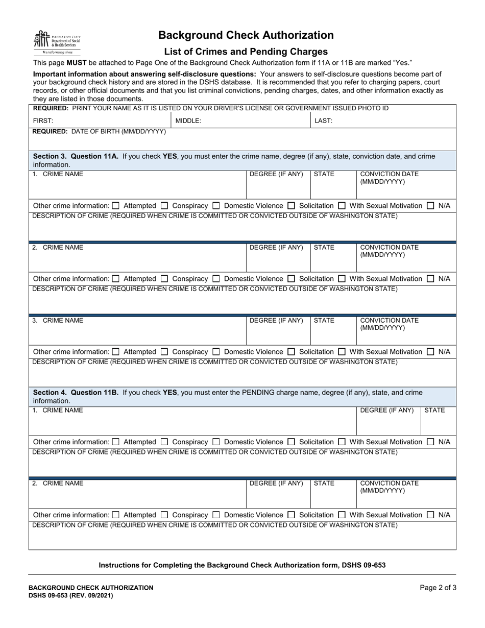 DSHS Form 09-653 Background Check Authorization - Washington, Page 2