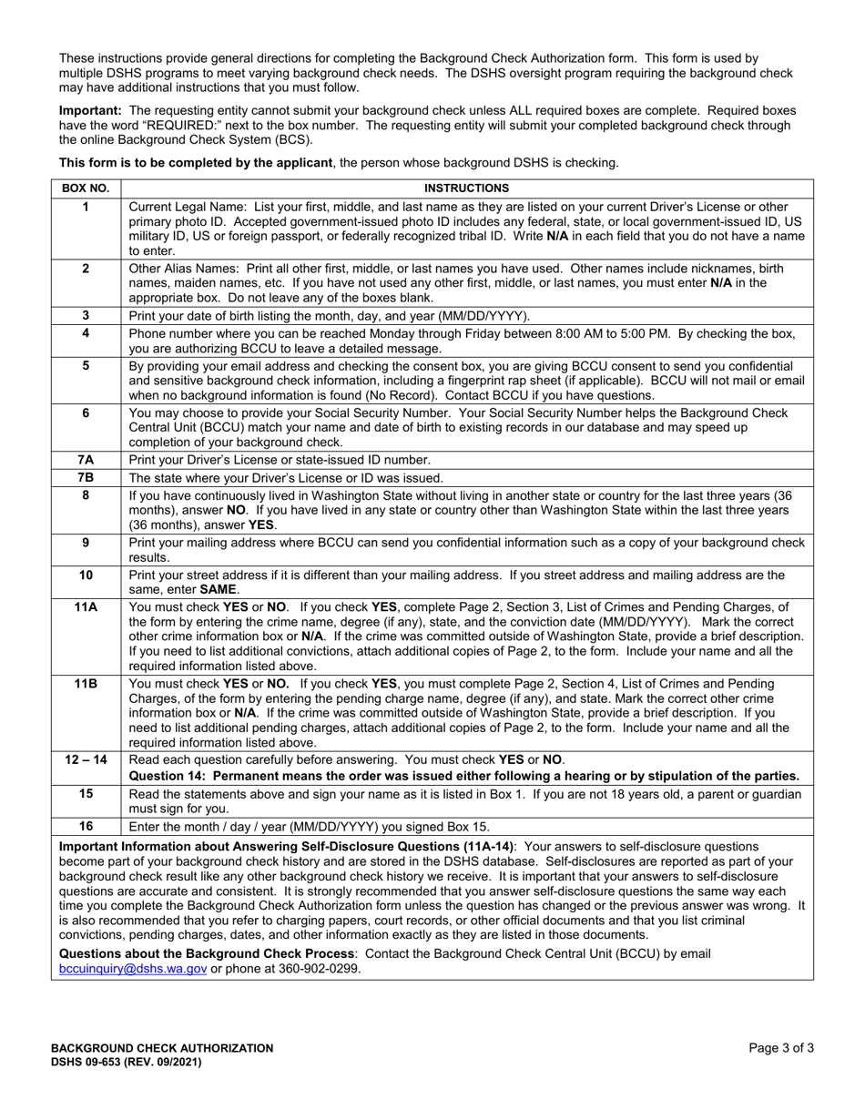 DSHS Form 09-653 Background Check Authorization - Washington, Page 3