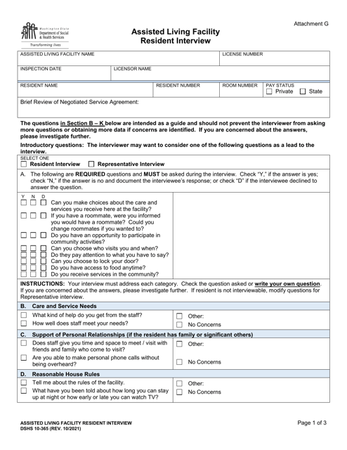 DSHS Form 10-365 Attachment G Printable Pdf