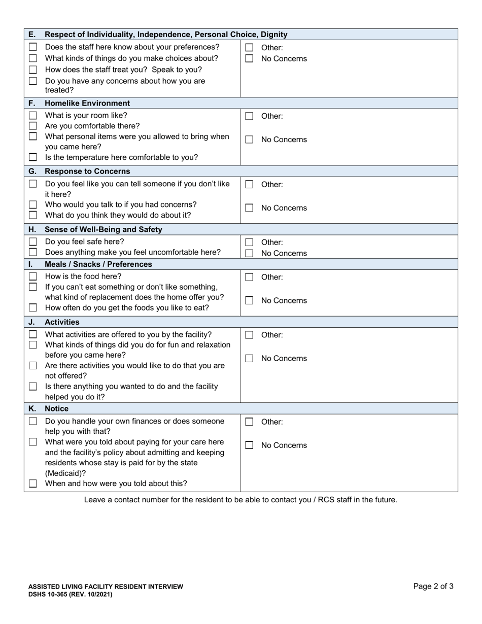 DSHS Form 10-365 Attachment G Assisted Living Facility Resident Interview - Washington, Page 2