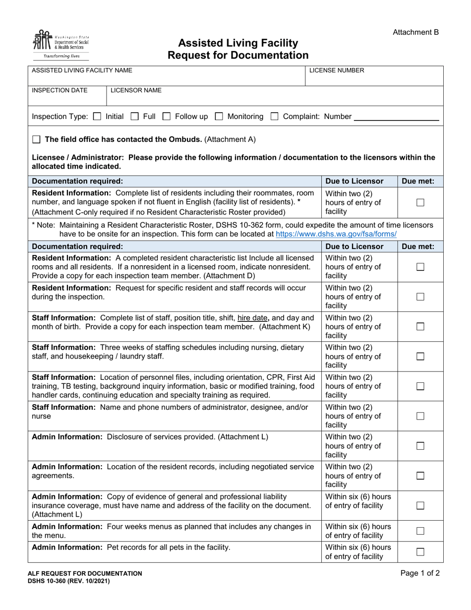 DSHS Form 10-360 Attachment B Assisted Living Facility Request for Documentation - Washington, Page 1