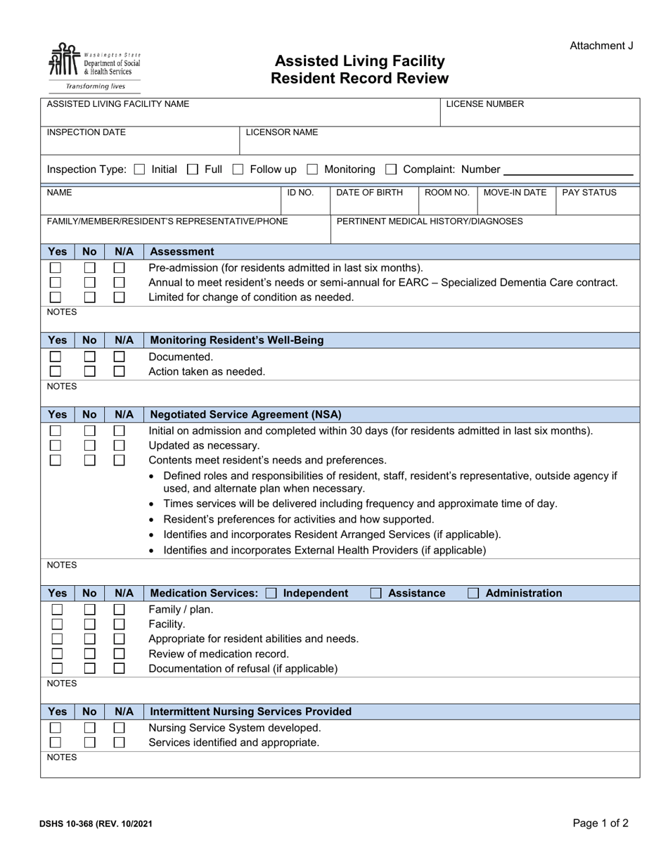 DSHS Form 10-368 Attachment J Assisted Living Facility Resident Record Review - Washington, Page 1