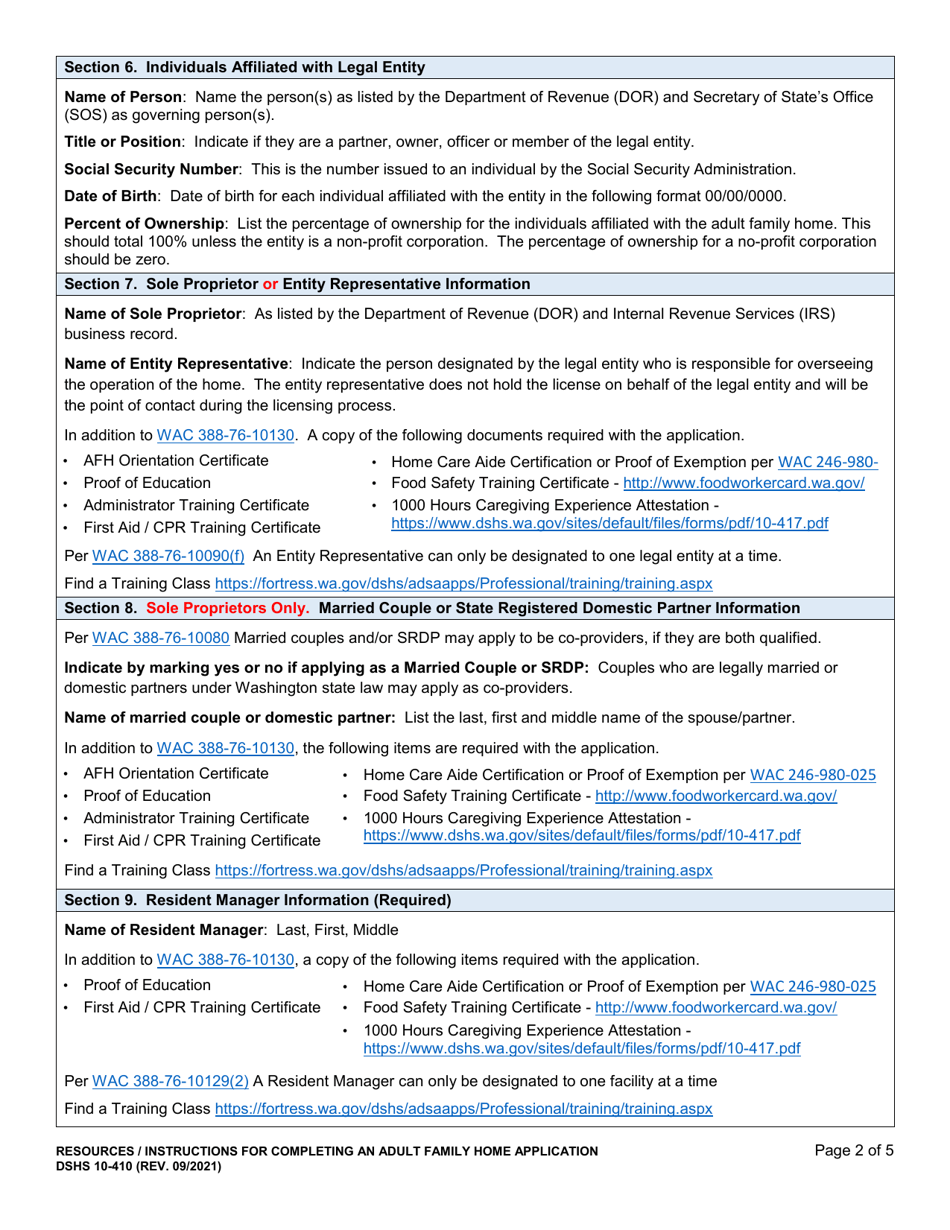 Instructions for DSHS Form 10-410 Adult Family Home License Application - Washington, Page 2