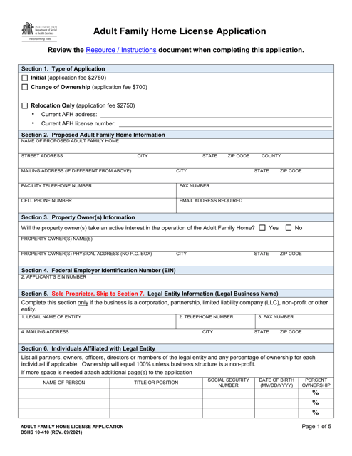 DSHS Form 10-410 Adult Family Home License Application - Washington