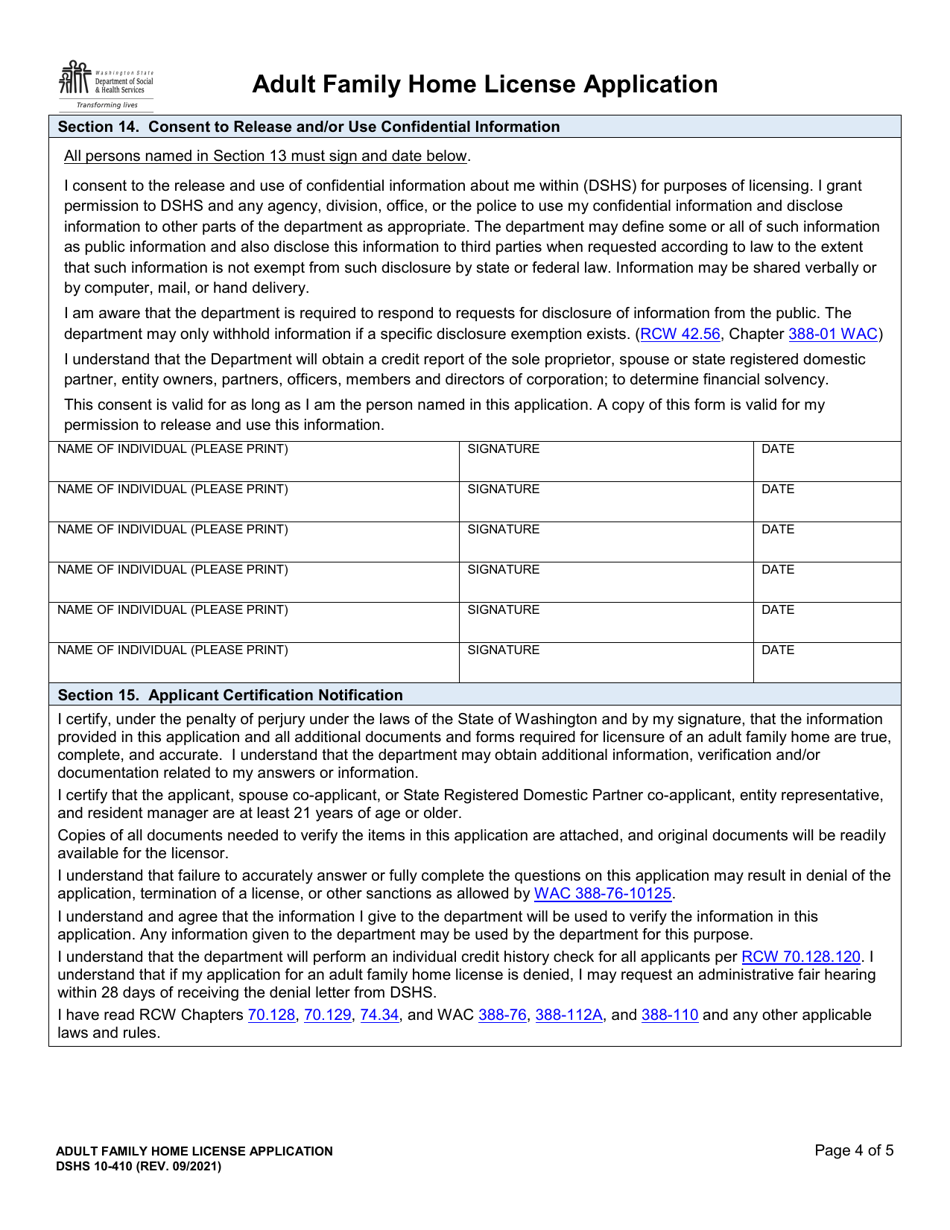 DSHS Form 10-410 Adult Family Home License Application - Washington, Page 4