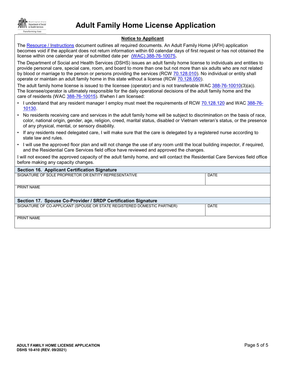 DSHS Form 10-410 Adult Family Home License Application - Washington, Page 5