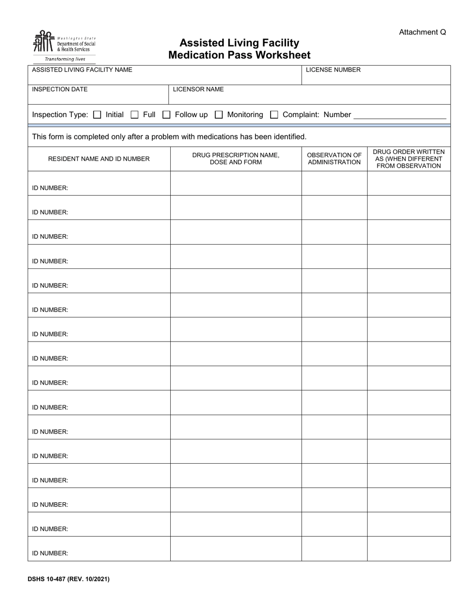 Medication Pass Observation Worksheet.pdf DSHS Form 10-487 Attachment Q Download Printable PDF or Fill Online ...
