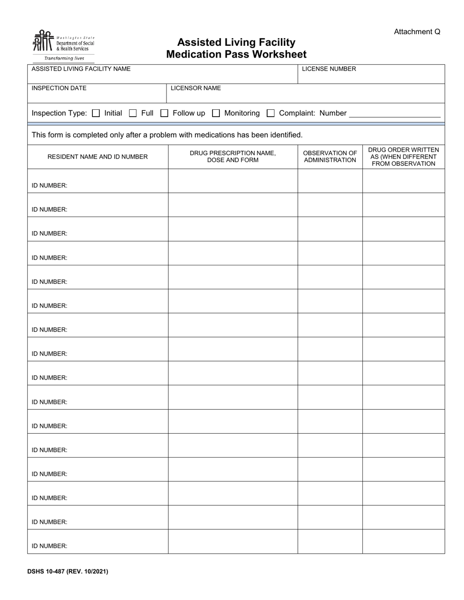 DSHS Form 10-487 Attachment Q Assisted Living Facility Medication Pass Worksheet - Washington, Page 1