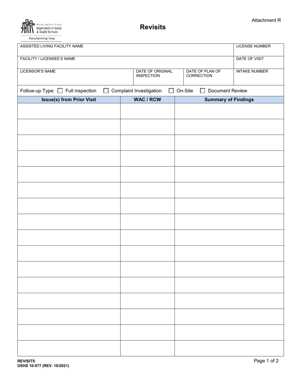 DSHS Form 10-577 Attachment R Revisits - Washington, Page 1