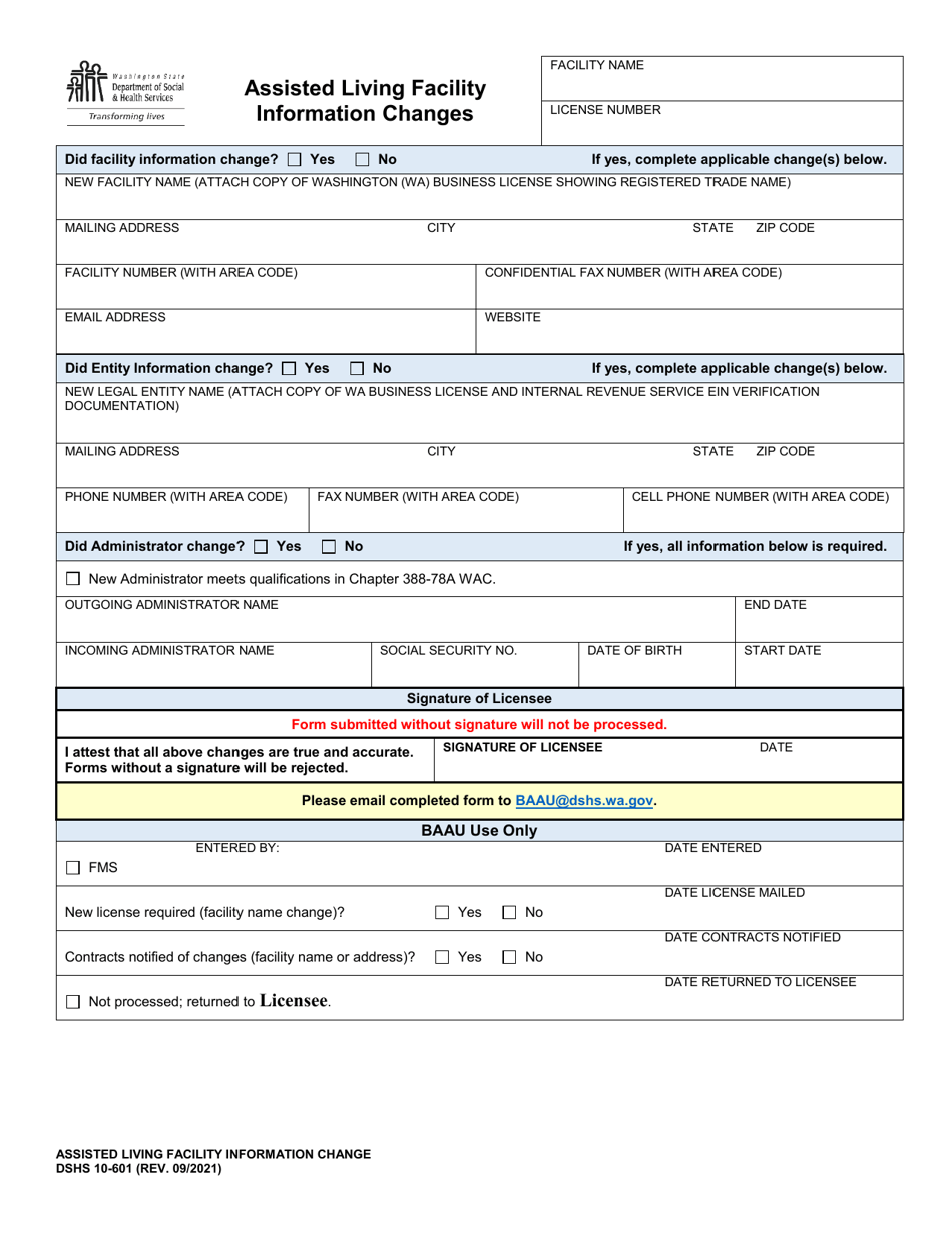 DSHS Form 10-601 Assisted Living Facility Information Changes - Washington, Page 1