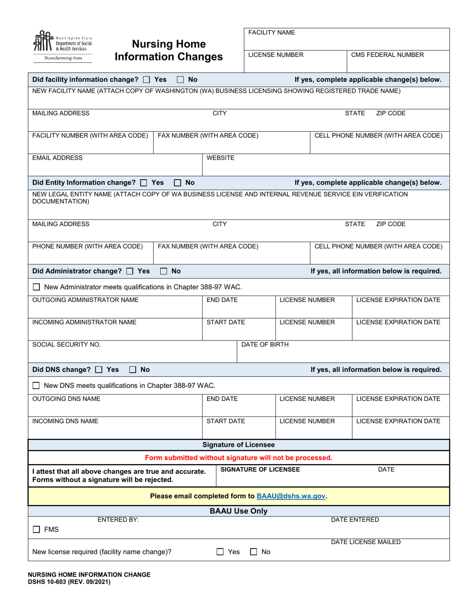 DSHS Form 10-603 Nursing Home Information Changes - Washington, Page 1