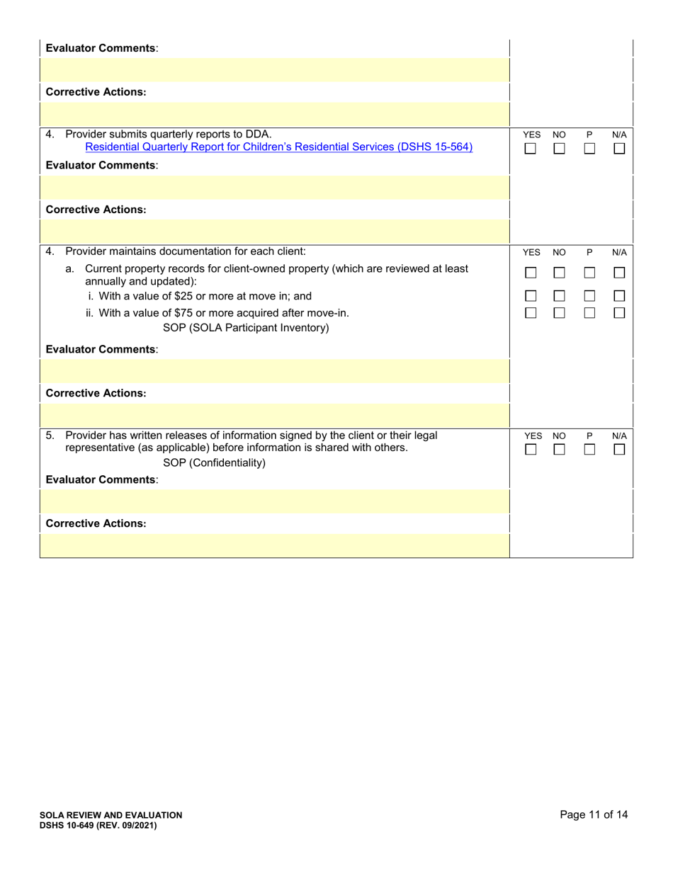DSHS Form 10-649 Childrens State Operated Living Alternatives (Sola) Certification Evaluation - Washington, Page 11