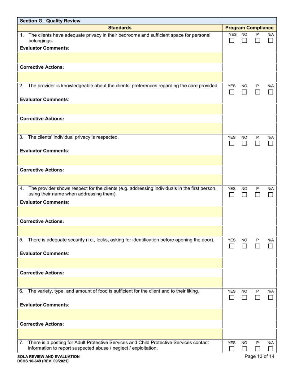 DSHS Form 10-649 Childrens State Operated Living Alternatives (Sola) Certification Evaluation - Washington, Page 13