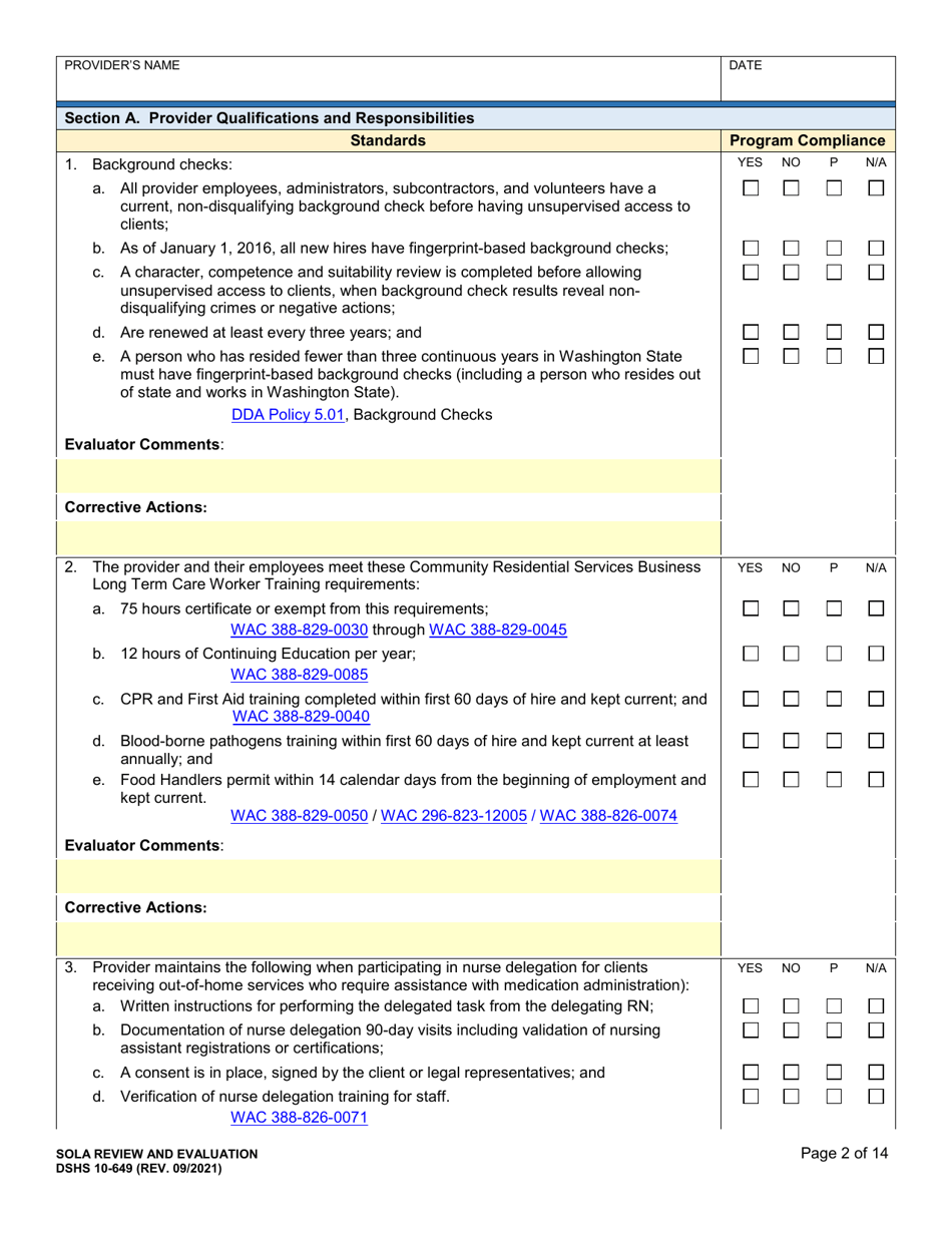 DSHS Form 10-649 Childrens State Operated Living Alternatives (Sola) Certification Evaluation - Washington, Page 2