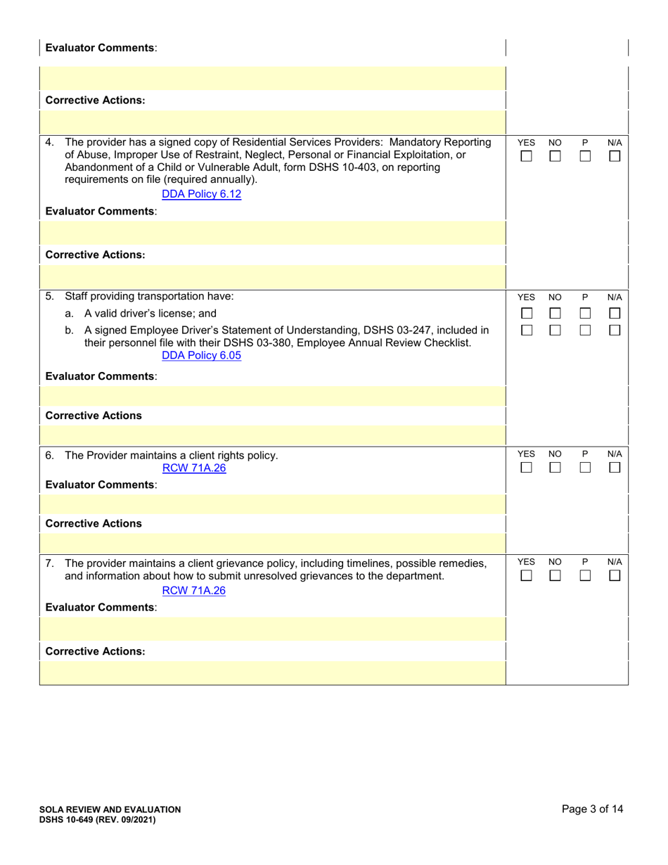 DSHS Form 10-649 Childrens State Operated Living Alternatives (Sola) Certification Evaluation - Washington, Page 3