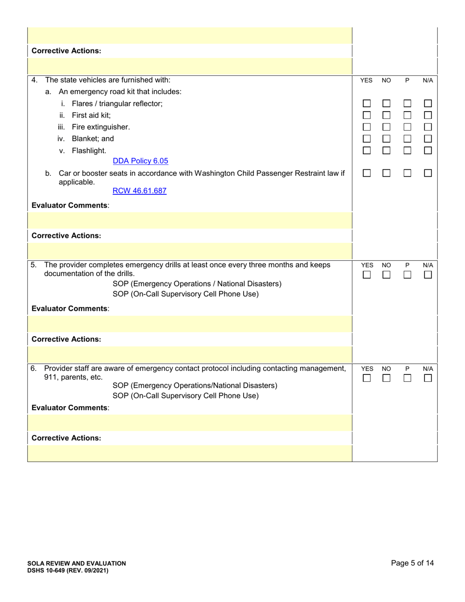 DSHS Form 10-649 Childrens State Operated Living Alternatives (Sola) Certification Evaluation - Washington, Page 5