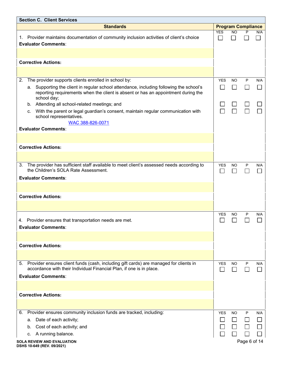 DSHS Form 10-649 Childrens State Operated Living Alternatives (Sola) Certification Evaluation - Washington, Page 6