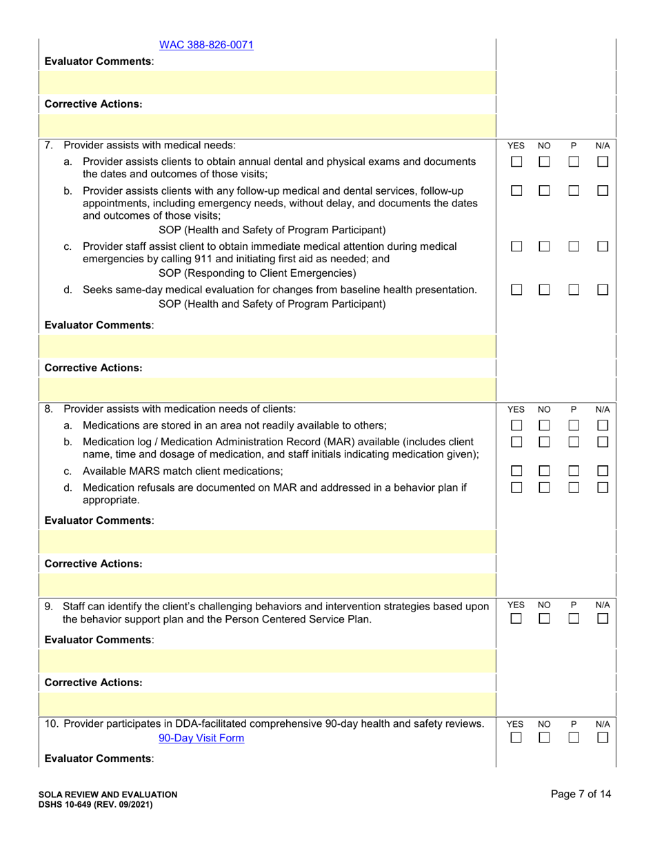 DSHS Form 10-649 Childrens State Operated Living Alternatives (Sola) Certification Evaluation - Washington, Page 7